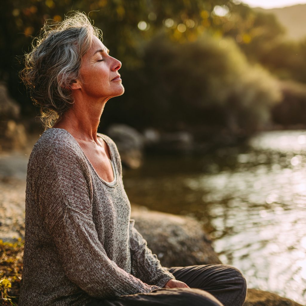 mature woman practicing peaceful meditation in natural setting