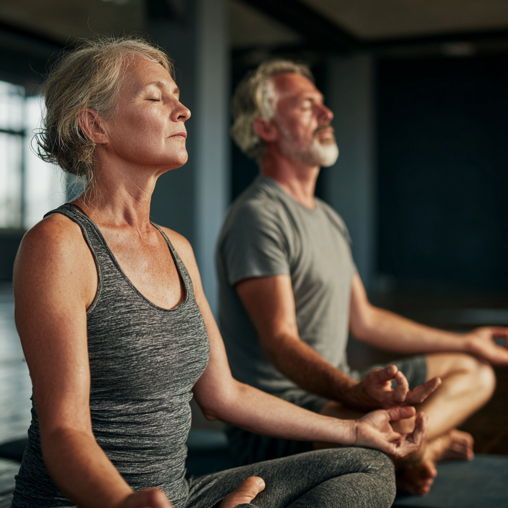 middle-aged practitioners in peaceful yoga session together